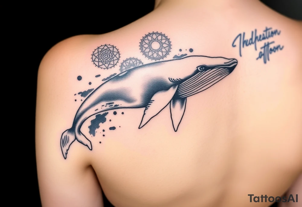 “A realistic-style humpback whale swimming forward across the upper bicep, with its tail transitioning into abstract brushstrokes and artistic smudges. Background includes sacred geometric shapes (circles, triangles, lines) integrated subtly, and a detailed Maori/Polynesian tribal tattoo only on the shoulder area. Add expressive blue calligraphic scribbles – more like ink gestures than text. tattoo idea
