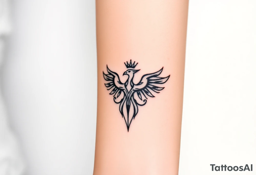 Minimal phoenix and crown fine lines tattoo idea