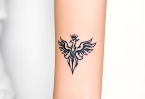 Minimal phoenix and crown fine lines tattoo idea