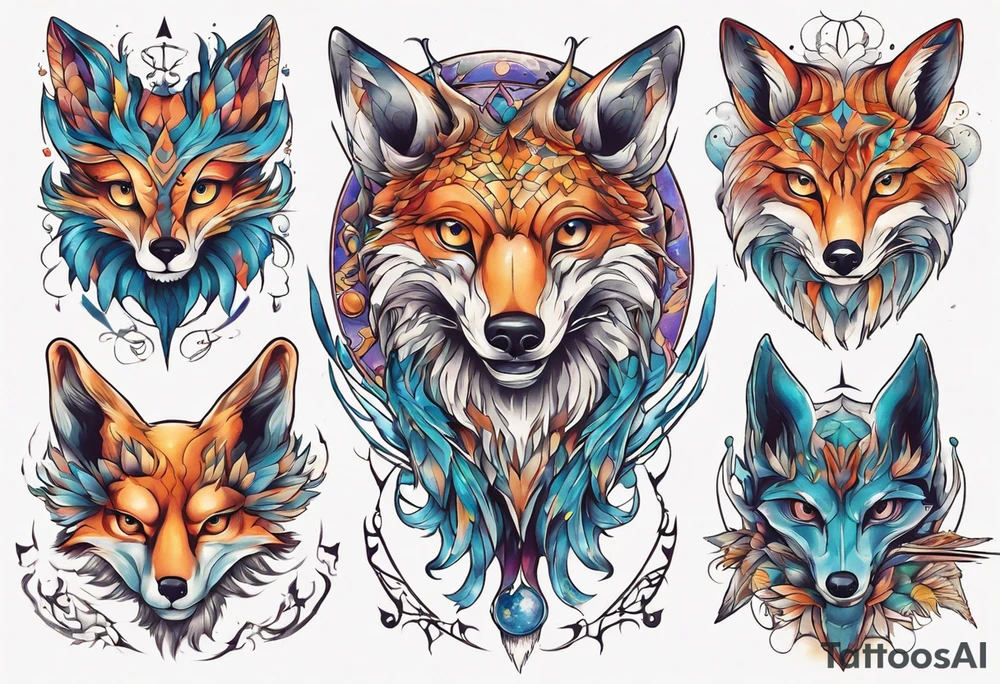 fisch, fuchs und eule , symetrie universum, bunt tattoo idea