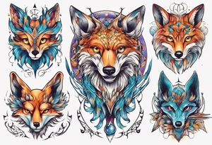 fisch, fuchs und eule , symetrie universum, bunt tattoo idea