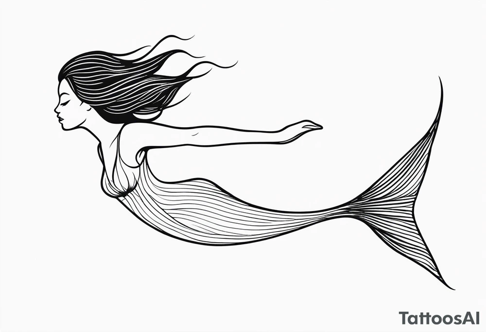 mermaid, long hair, diving like a dolphin face in profile, one-line, minimalist, tail in bottom left corner, right top right corner tattoo idea