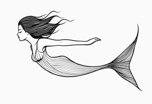 mermaid, long hair, diving like a dolphin face in profile, one-line, minimalist, tail in bottom left corner, right top right corner tattoo idea