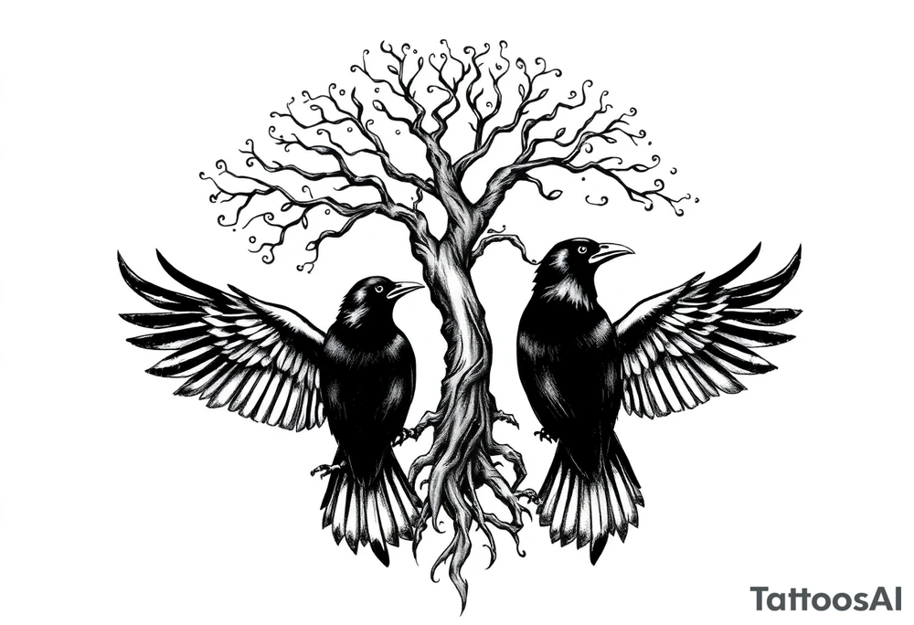 Irish shoulder tattoo, that is non-religious and has a Celtic tree and tribal ravens tattoo idea