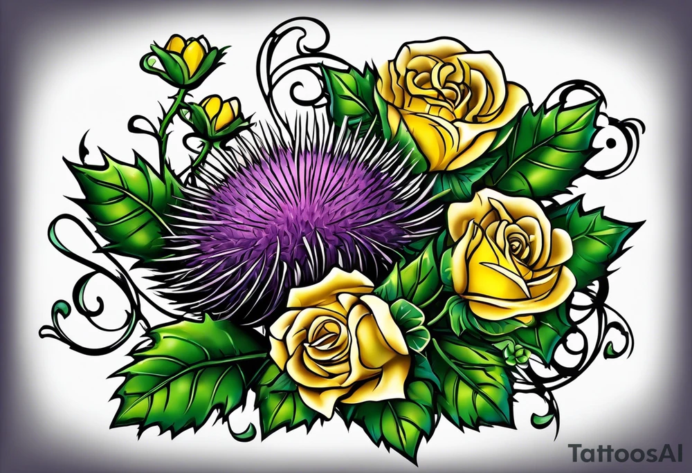 A Scottish thistle, a yellow rose and a shamrock with stems intertwined spelling KND in celtic lettering tattoo idea