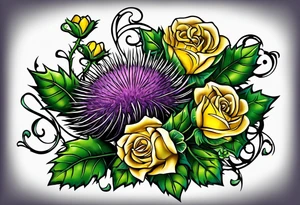 A Scottish thistle, a yellow rose and a shamrock with stems intertwined spelling KND in celtic lettering tattoo idea