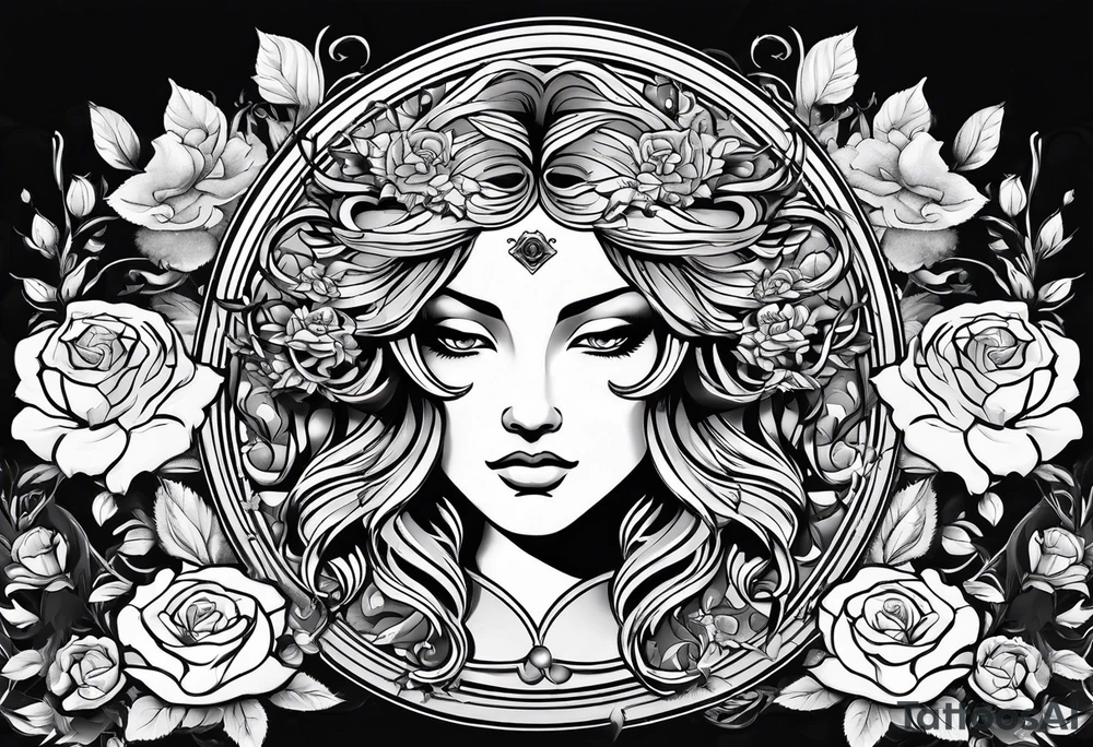 Circular shield with medusa's face surrounded by roses tattoo idea Circular shield with medusa's face surrounded by roses tattoo idea