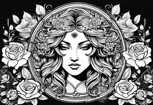 Circular shield with medusa's face surrounded by roses tattoo idea