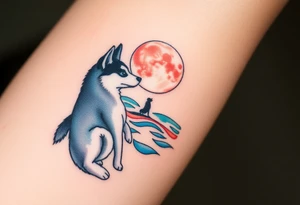 smALL HUSKY LOOKING AT A TRIBAL MOON STANDONG IN THE SAND IN THE SEA WITH THE CONSTALATION OF SAGITARIUS PUT COLOR tattoo idea