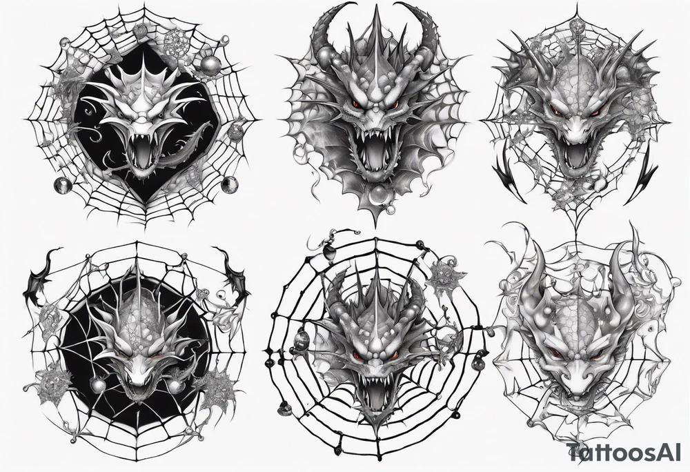Dragon in a spiral spiderweb with jewels and shattered chalices tattoo idea