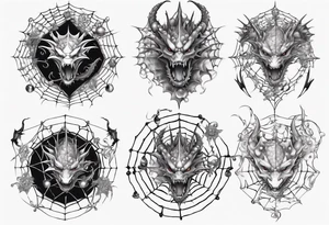 Dragon in a spiral spiderweb with jewels and shattered chalices tattoo idea
