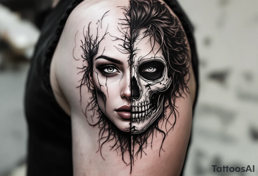 Half female half skull portrait tattoo tattoo idea