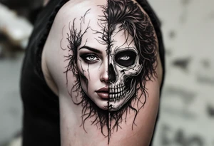 Half female half skull portrait tattoo tattoo idea