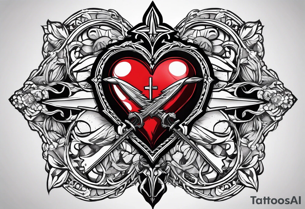 sacred heart with 3 swords instead of a cross. In front of a seraphim. tattoo idea