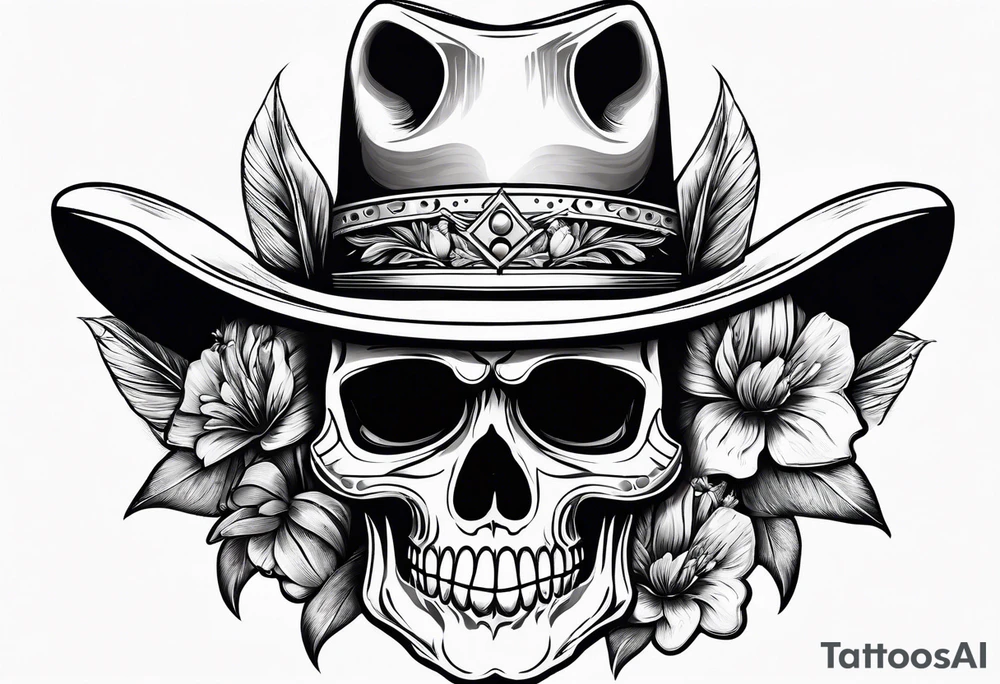 Mexican skull wearing cowboy hat with paintbrushes and bluebonnets flowers tattoo idea