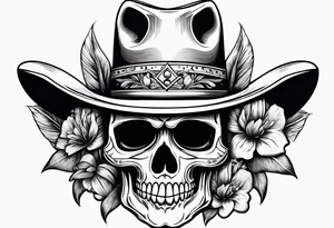 Mexican skull wearing cowboy hat with paintbrushes and bluebonnets flowers tattoo idea