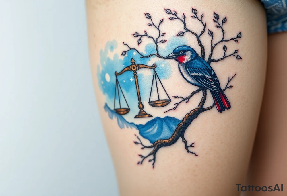 2 birds as the focus, one of the birds red wearing a suit, other bird navy blue with glasses or holding a book, scales of justice built into a tree, starry night painting and mountain background tattoo idea