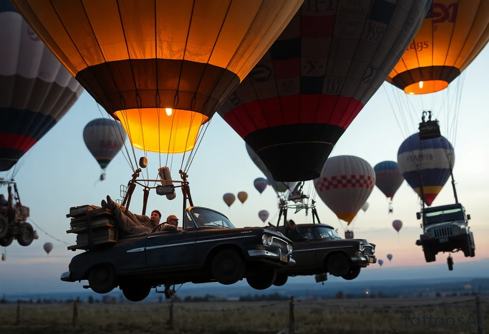 in a very steam punk vibe i want you to make a picture of a bunch of old beat up cars with people lounging in them and garbage and junk all up in and on them, tied to hot air balloons floating in the sky right about dusk and they are as far as the eye can see i want the cars to be floating as if they were the basket to the hot air balloons and the hot air balloons are all different colors and patterns and some are old and patched and i dont want to see the ground at all  i want this to be a scene that is up in the sky with them all floating under the balloons like it is in a dream and every single balloon in the picture is attached to a different old car, and some of the cars you can see people kicked back with thier feet out the window and stuff on the dash of the car, and some with people hanging an arm out hte window some have cigarrette smoke coming out the window, and the balloons all are different but every single car is floating high in the sky and i dont want there to be too many balloons and cars, just a few close together, and the rest ll are smaller and off in the distance 

and it should look like i too am in a car attached to a hot air balloon floating along as well and there should be no ground in sight,... because each one is hiigh in the sky, on a long voyage together tattoo idea