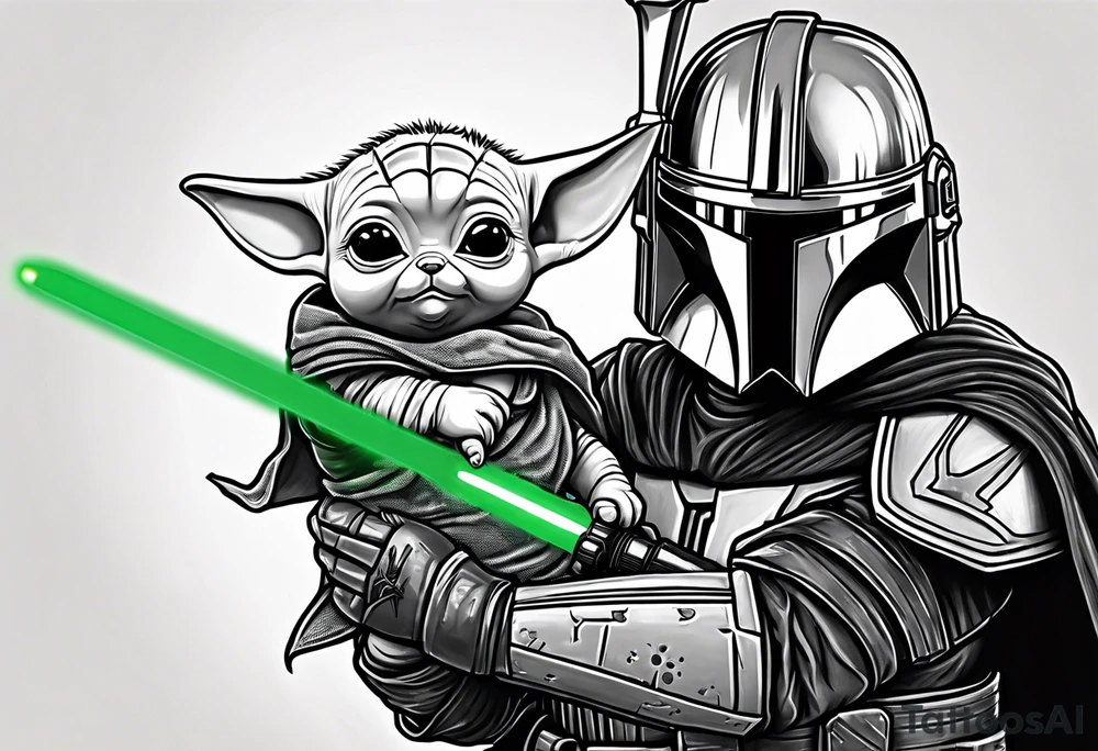 Baby grogu wearing mandalorian armor fighting Darth vader while wielding a green lightsaber tattoo idea