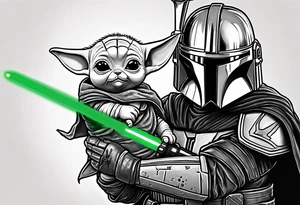 Baby grogu wearing mandalorian armor fighting Darth vader while wielding a green lightsaber tattoo idea
