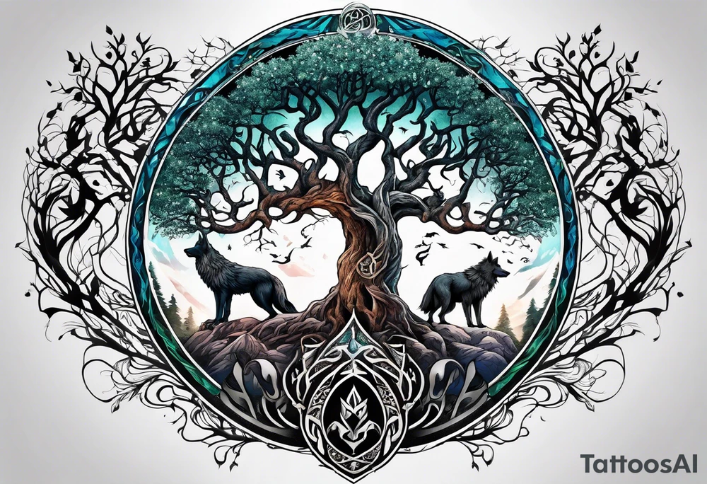 Yggdrasil with hugin and munin and fenrir tattoo idea