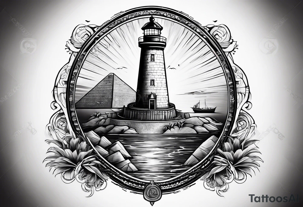 Lighthouse of Alexandria with heiroglyphics above it, pyramids in background tattoo idea