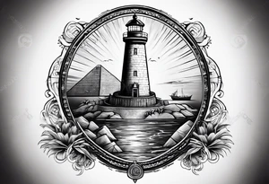 Lighthouse of Alexandria with heiroglyphics above it, pyramids in background tattoo idea