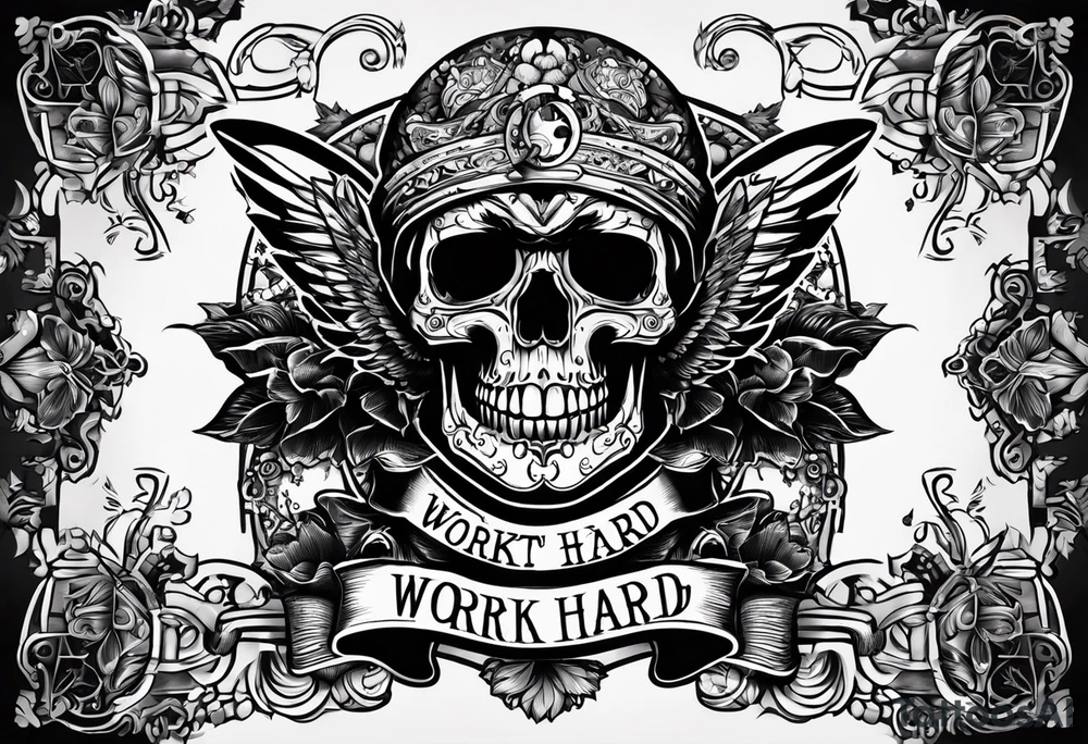 I want a tattoo with a skull design with the letters "work hard" at the top and the letters "play hard" at the bottom, in black only. tattoo idea