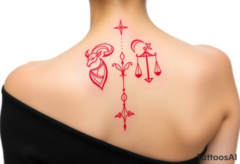 Tattoo that combines the star sign Taurus and Libra ,in red , down the spine tattoo idea