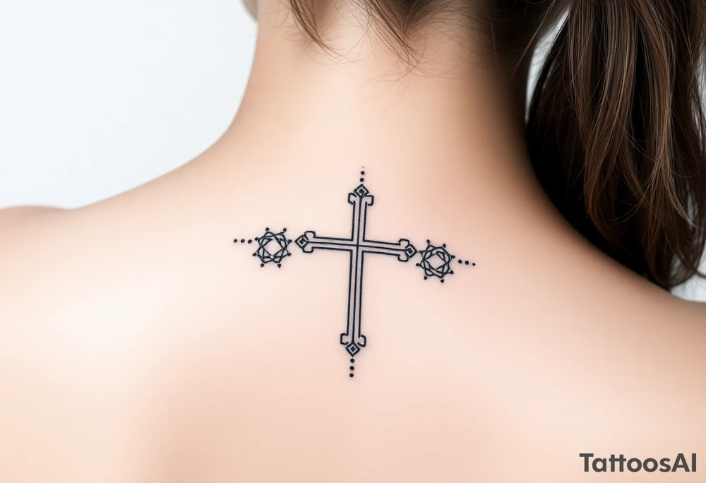 Thin christian cross, surrounded by geometrics ornaments tattoo idea