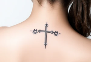 Thin christian cross, surrounded by geometrics ornaments tattoo idea