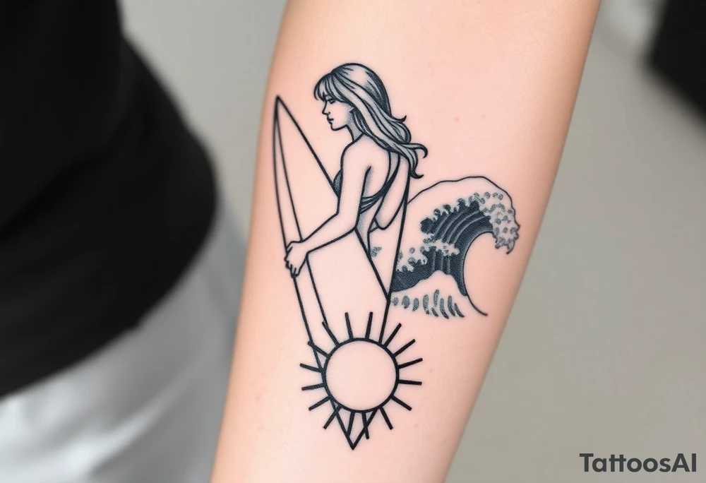 New school geometrical concept tattoo with the girl holding surfboard in a vertical position her face is turned 60 degrees to out side, the bottom part of a body is showed, on the right side of a tattoo is the realistic wave closed in a frame. And the bottom of a taro is a palenesiab sun. Link the objects based on new school geometry tattoos. tattoo idea