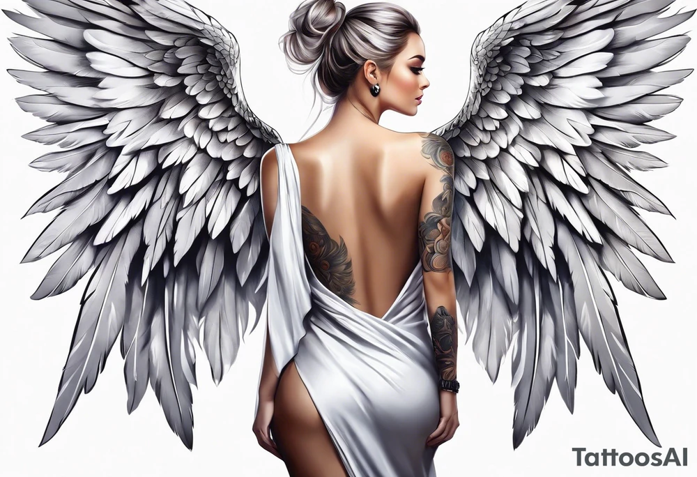 Beautiful woman angle with large white wrap around wings tattoo idea