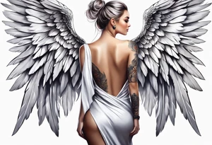 Beautiful woman angle with large white wrap around wings tattoo idea