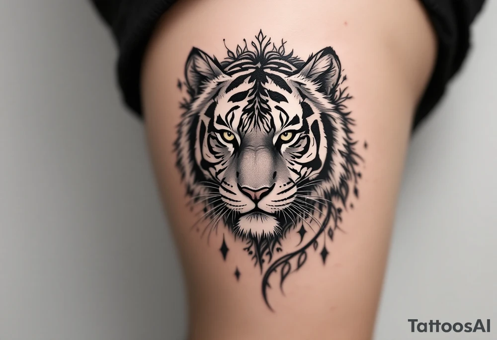 Character character in dark gray pairs with a tiger to emphasize inner and outer power. tattoo idea