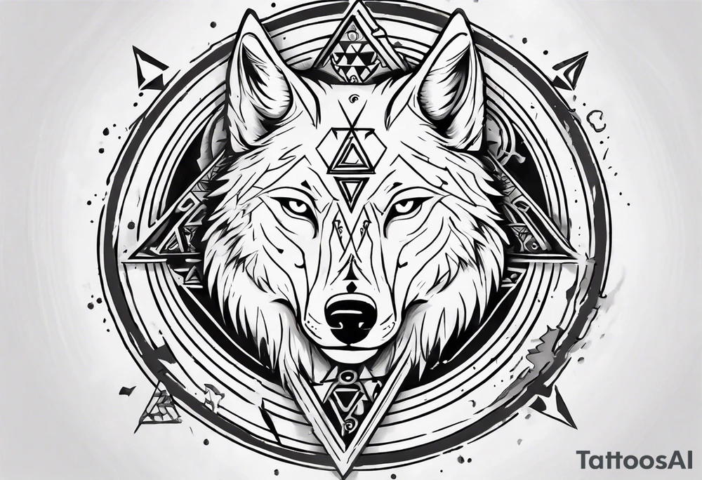 wolf head with triforce on forehead and circle in the background tattoo idea