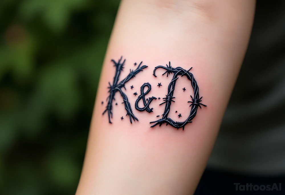 Barbed Wire Monogram – Steel gray “K + D” wrapped loosely in a fine barbed wire motif, giving it a rough edge. tattoo idea