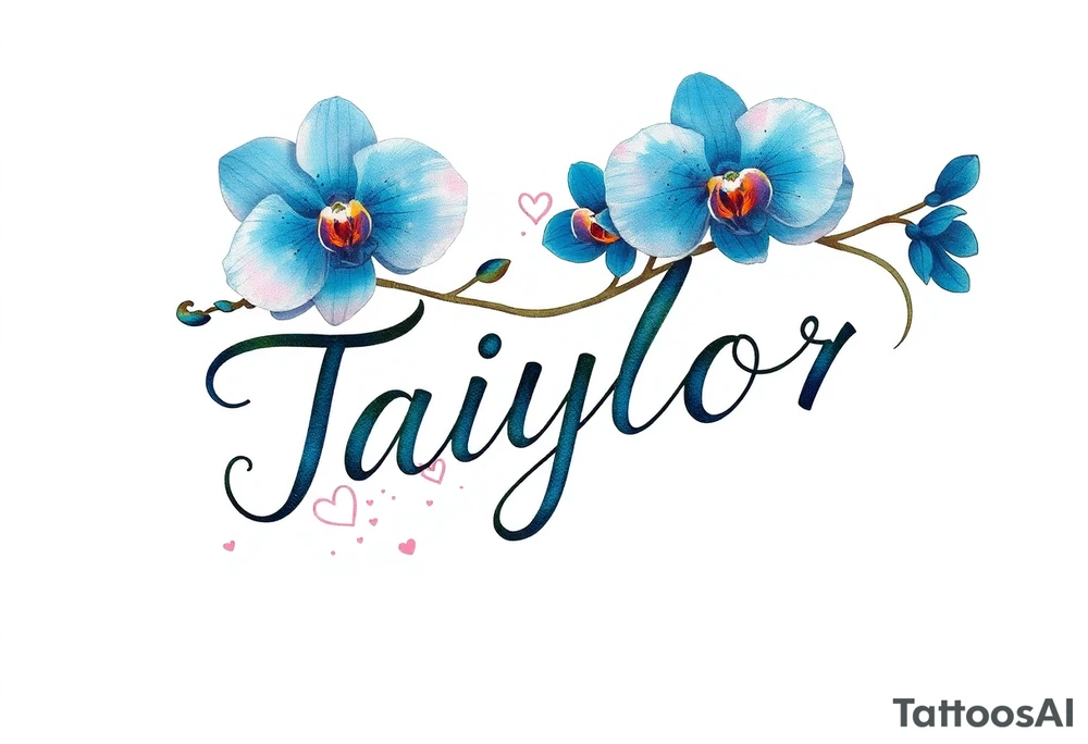 Taiylor spelled going down in a line with a ring as the “o” with hearts and blue orchid flowers behind the ear tattoo idea