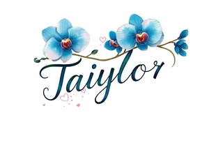 Taiylor spelled going down in a line with a ring as the “o” with hearts and blue orchid flowers behind the ear tattoo idea