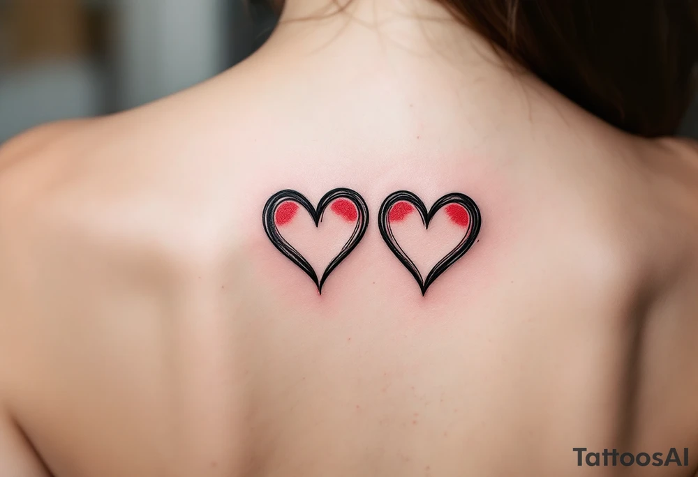 Two half-heart tattoos in black with red tips that form a full heart when side by side. tattoo idea