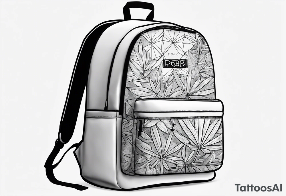 Backpack with the words 'PBOB on tour 2024' with a hidden weed leaf tattoo idea