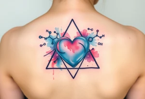 A triangle with a big heart in the center with chemical structures tattoo idea