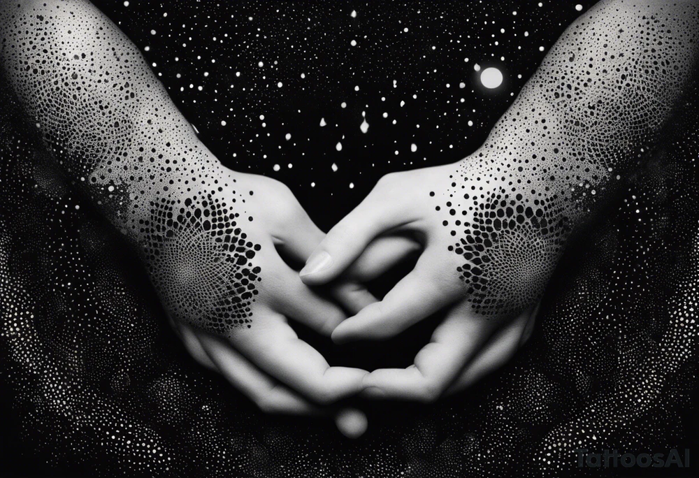 Adam's hands that create a galaxy in Dotwork style tattoo idea