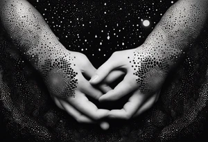 Adam's hands that create a galaxy in Dotwork style tattoo idea