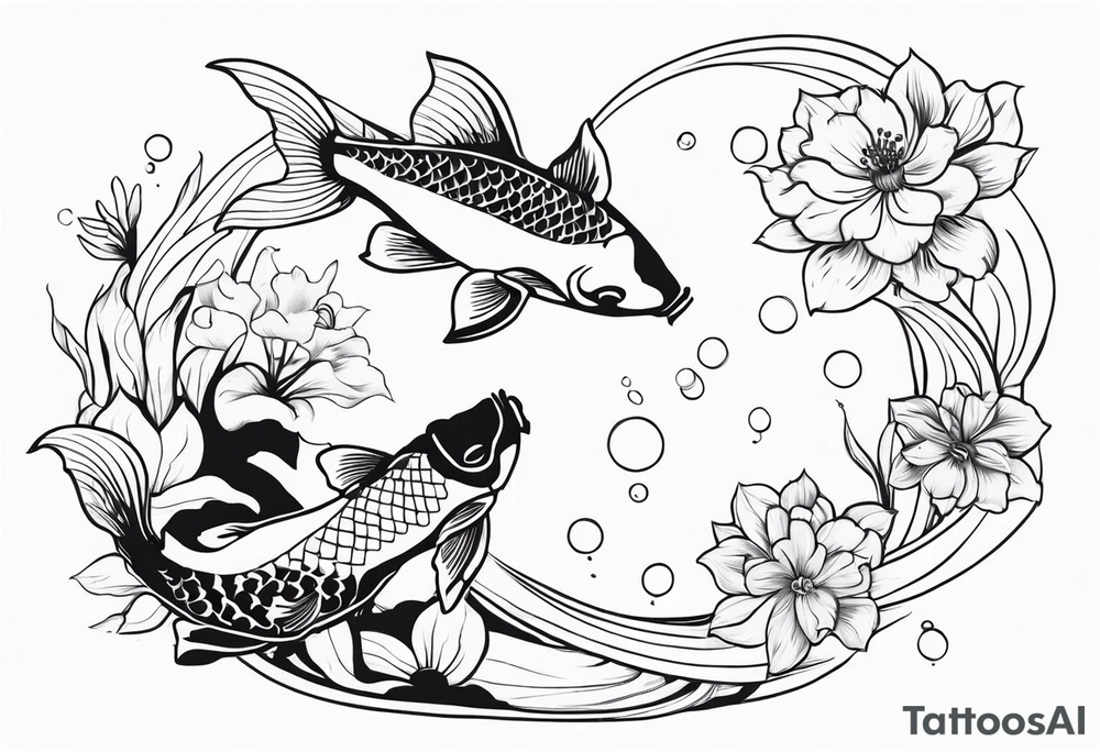 2 Koi fish swimming around Taurus birth flower tattoo idea