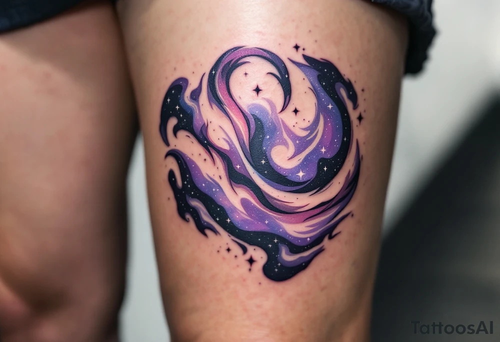 A realistic galaxy-inspired Sagittarius tattoo in swirling purples, blues, and blacks with tiny white stars forming the constellation. tattoo idea
