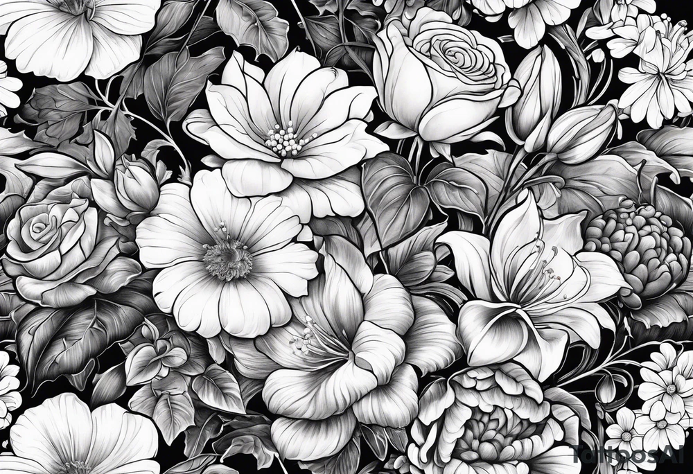 Bouquet of roses, violets, chrysanthemums, morning glories, and lily of the valley tattoo idea