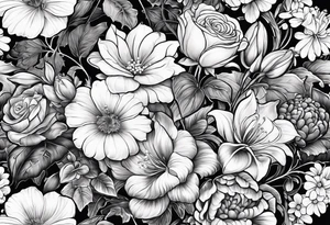Bouquet of roses, violets, chrysanthemums, morning glories, and lily of the valley tattoo idea