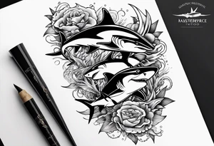 2 nautical style sharks wrapped around the knee tattoo idea