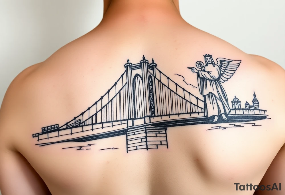 Brooklyn Bridge with full Saint Michael sleeve tattoo idea